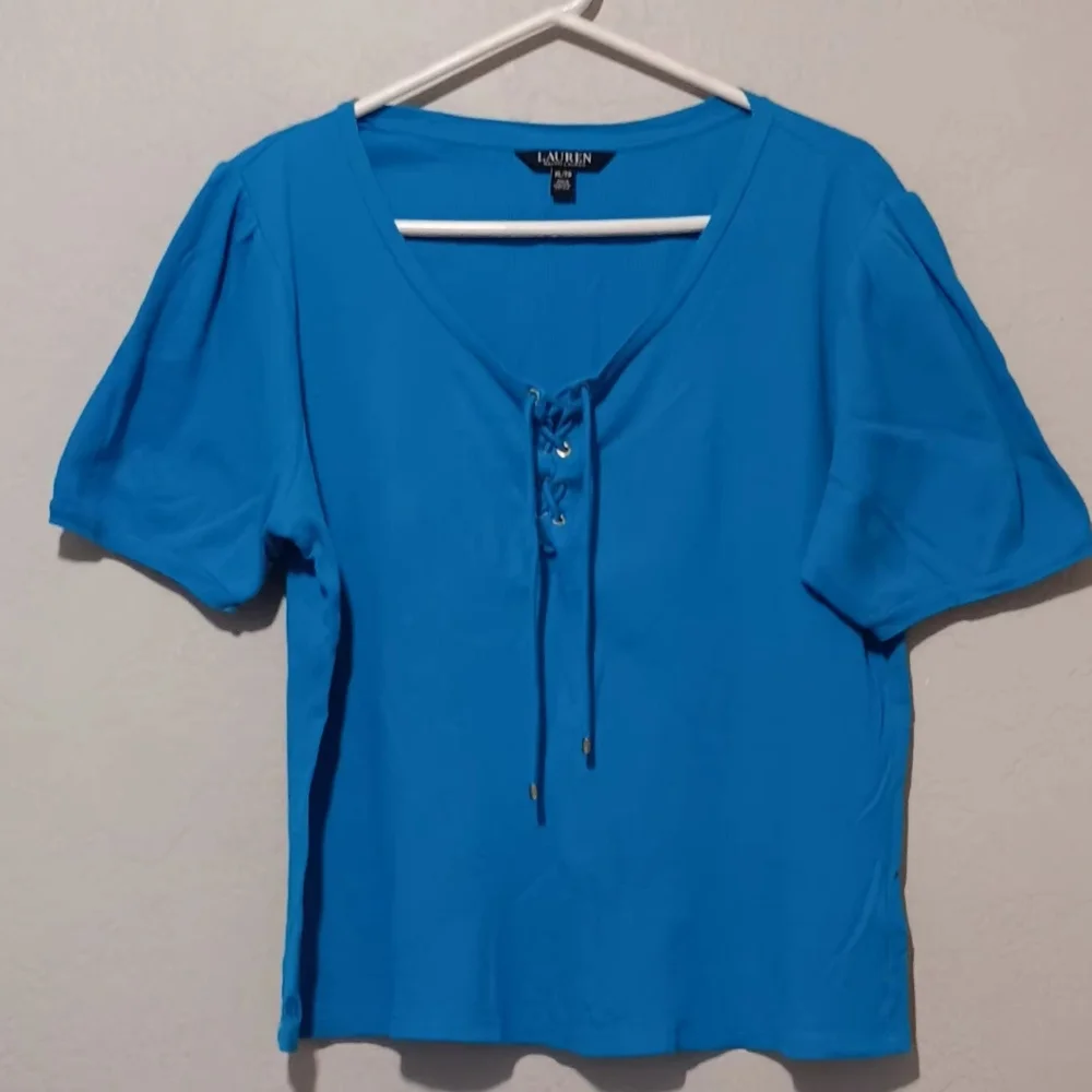 Lauren Ralph Lauren Women Lace-Up Stretch Royal Blue‎ SzXL Tops Short Sleeve